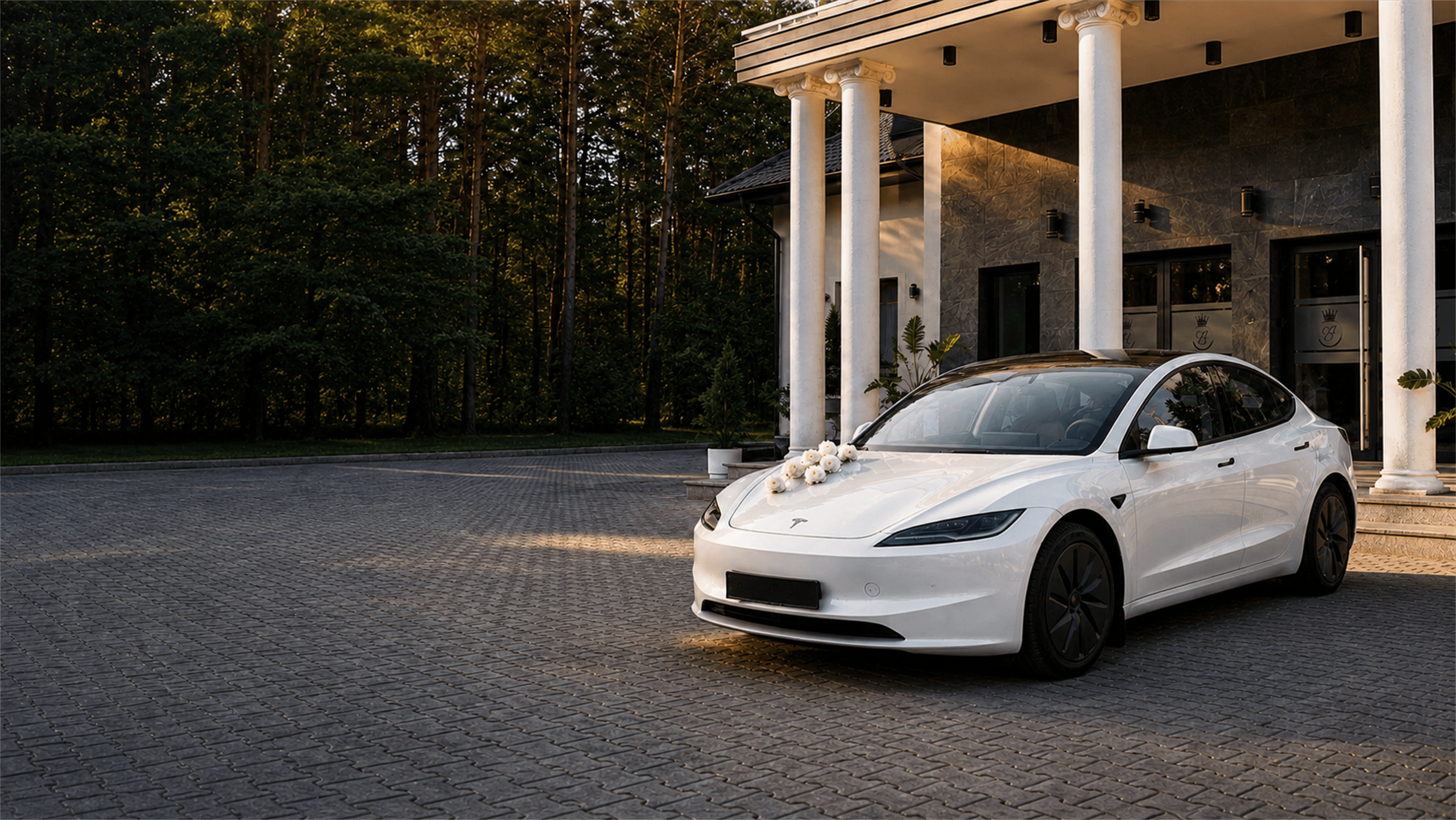 Biała Tesla Model 3 przed eleganckim budynkiem