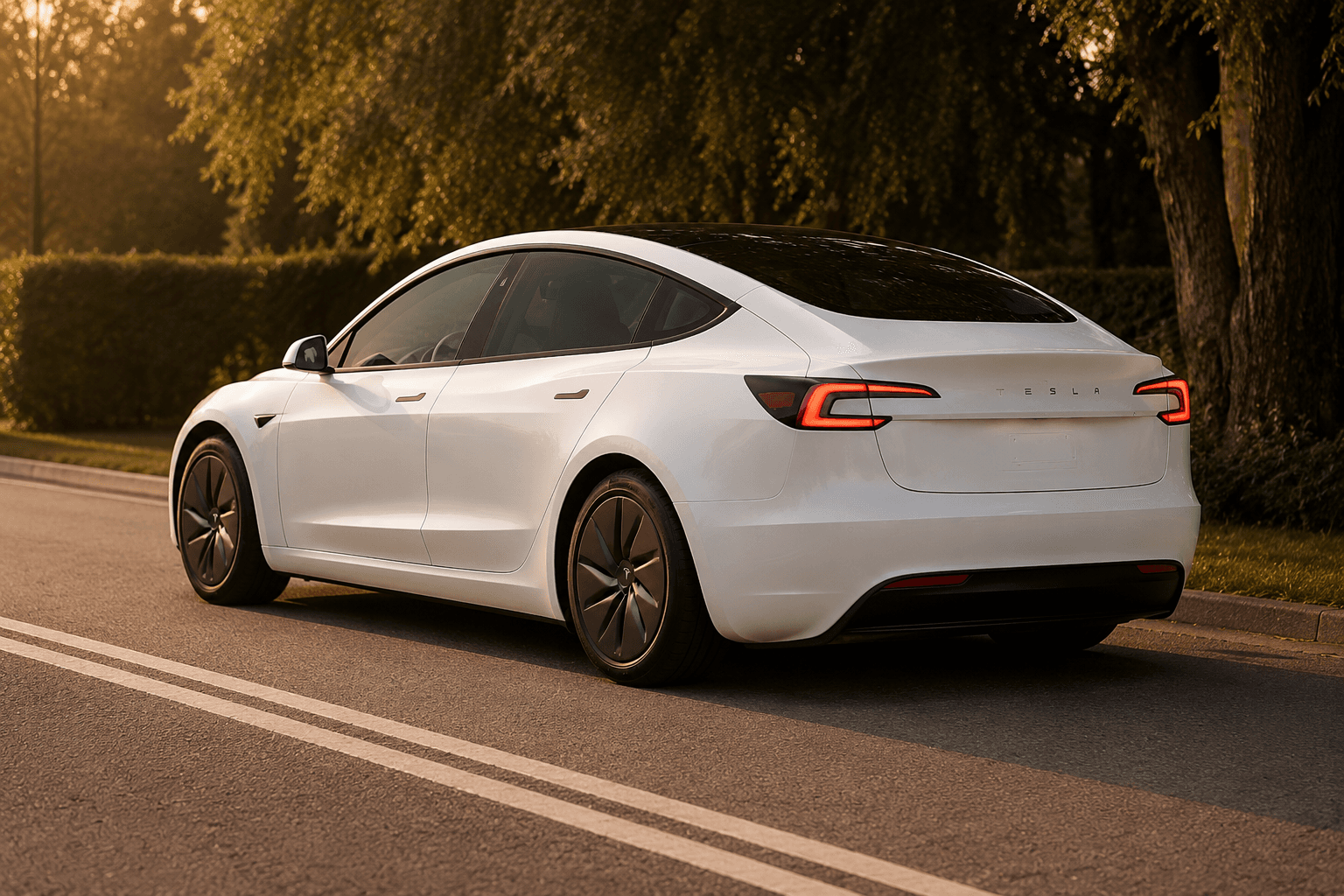 Biała Tesla widziana od tyłu w ciepłym świetle